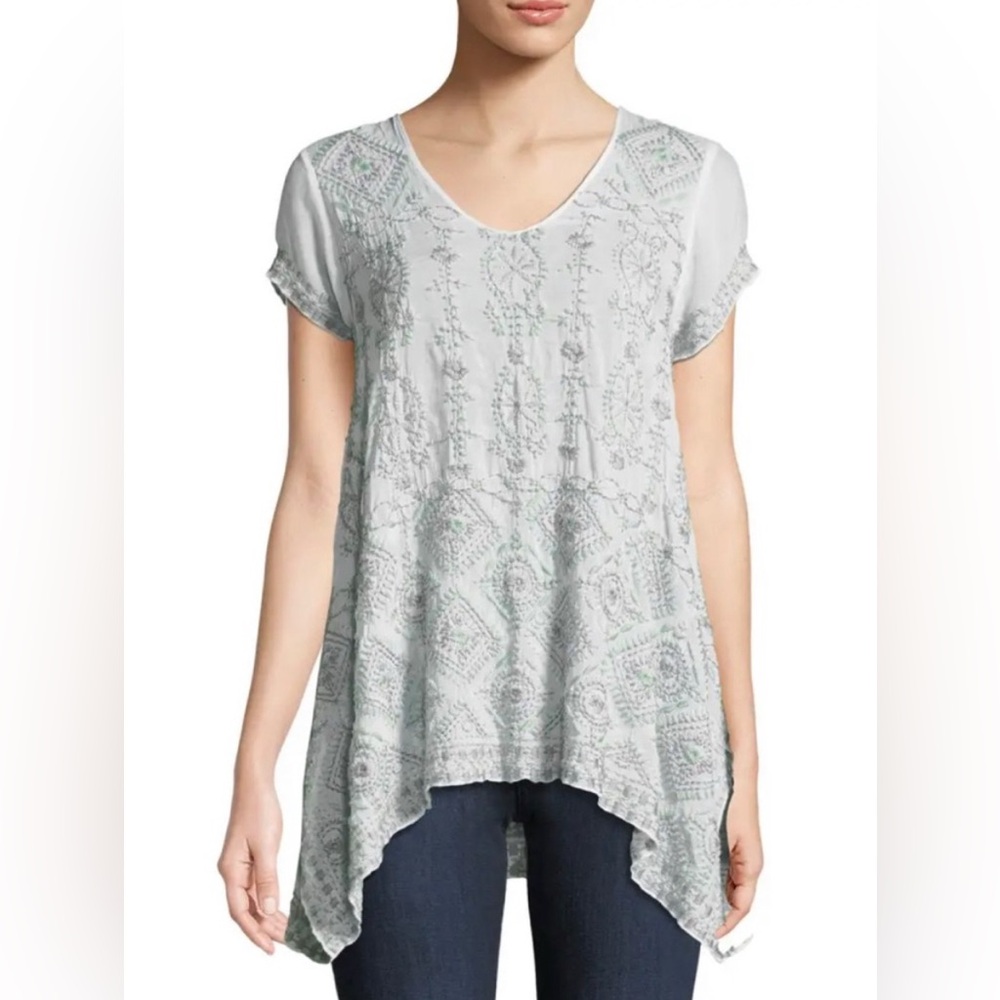 Johnny Was Kyuss Embroidered Blouse in Mint / Gray, Size Medium (M) Short Sleeve